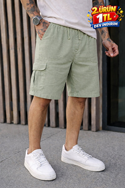 DAMGA JEANS Ανδρικό σορτς από λινό σε πράσινο χρώμα με χαμηλή μέση γραμμή και...