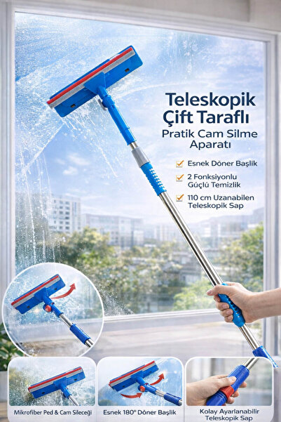 Anadolu Saray Pratik Teleskopik Çift Taraflı Cam Silme Aparatı | Mikrofiber B...