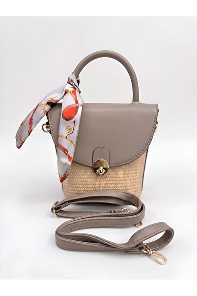 Satuna Women's Scarf Detailed Straw Cross Strap Mini Shoulder and Hand Bag