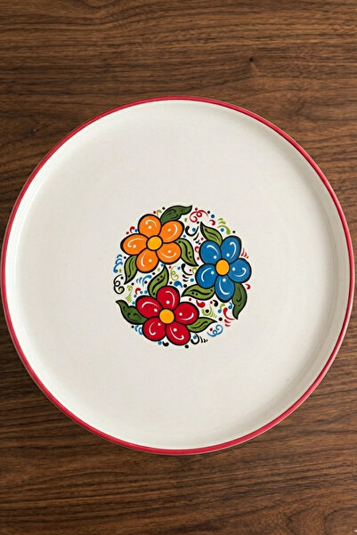 evcime El Yapımı Ayaklı Seramik Sunum Tabağı & Pasta Standı - Kırmızı çiçek desenli ayaklı sunumluk 20 cm