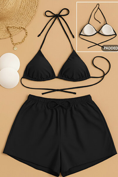 modi Women's 3-Piece Set with Black Shorts and Side-Tie Bikini Swimsuit Set