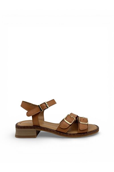 Vieris Shoes Taba Hakiki Deri Çift Bantlı Günlük Kadın Sandalet (05429)