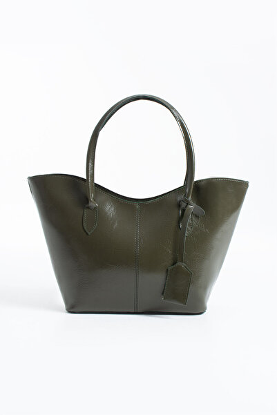 DEV 3 ADAM Χακί δερμάτινη γυναικεία τσάντα ώμου με αξεσουάρ, ευρύχωρη και χρή...