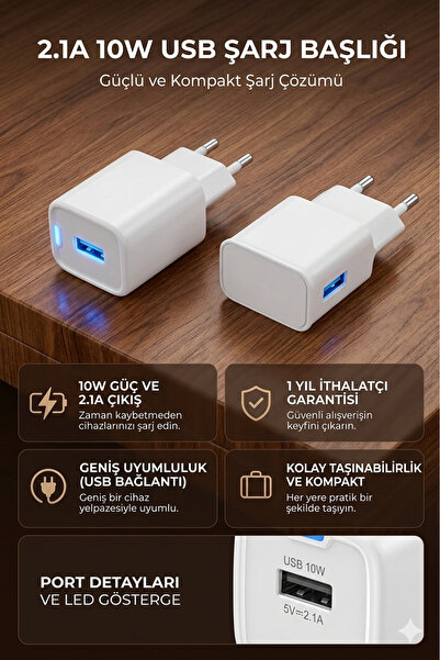 HİBOTEKNO 10W 2.1A Güvenli Duvar Şarj Başlığı | USB Type-A Çıkışlı | Kompakt ...