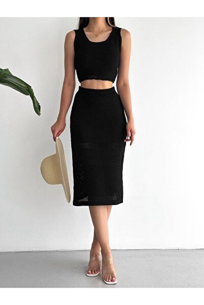 Caddebostan Moda Γυναικείο Πλεκτό Σετ με Κοντομάνικο Κροπ Τοπ και Φούστα Μίντι