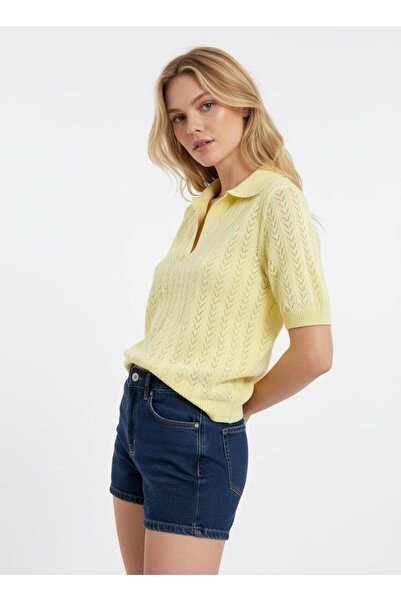 MareandCo Polo ovratnik, ažurna pletena bluza, kratki rukavi, pletena
