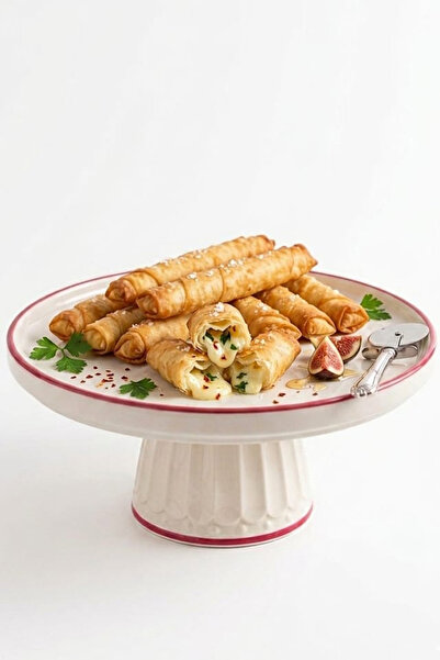 evcime El Yapımı Ayaklı Seramik Sunum Tabağı & Pasta Standı - Kırmızı çiçek desenli ayaklı sunumluk 20 cm
