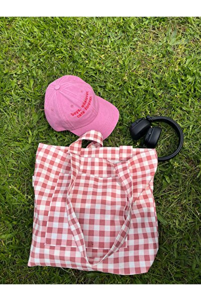 Sumicorn Design Pembe Pötikareli Tote Bez Çanta,Cepli Keten Kol ve Omuz Çanta...