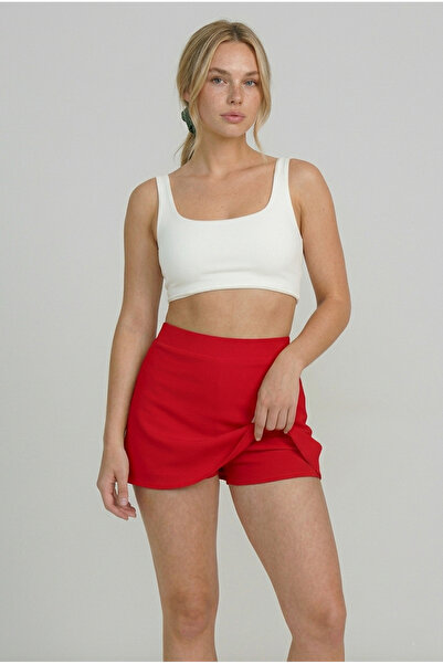 SUHIS Red Women's Oysho Fabric Super Mini Knitted Flared Skirt with Shorts
