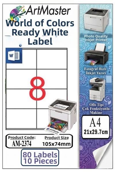 Artmaster A4 Ready White Label 105X74 mm 10 Sheets 1 Pack of 8 Self-Adhesive ...