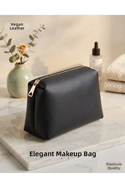 macsoo Women's Black Makeup Bag Faux Leather Organizer