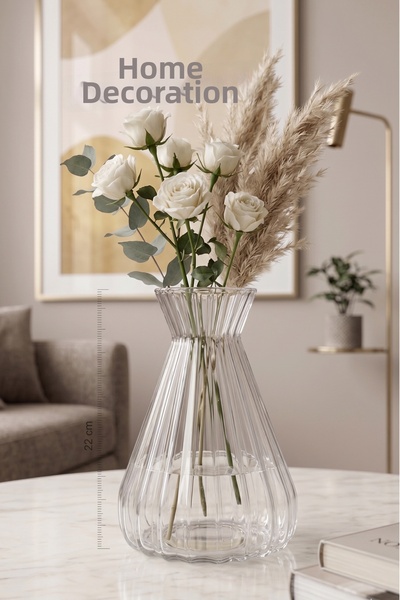 decoronay Modern Striped Glass Vase 22 cm – Transparent Decorative Flower Hol...