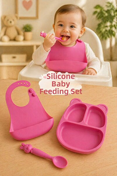 PONÇİK BEBEK Baby Silicone Feeding Set Plate - Bib - Spoon - 3 Pieces