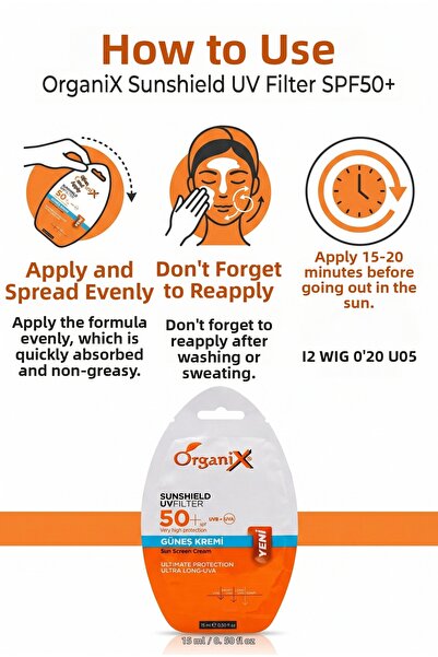 Organix واقي الشمس من الأشعة فوق البنفسجية بعامل حماية من الشمس SPF50+، كريم واقي من الشمس للاستخدام مرة واحدة 15 مل - حماية عالية عملية للشاطئ والسفر