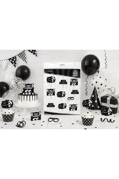 Dizayn Parti Evi مجموعة بالونات ناطقة باللونين الأسود والأبيض بعبارة Happy Bi...