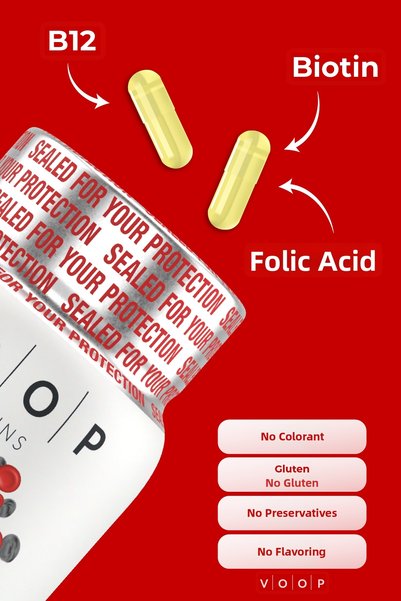 VOOP Vitamin B12 - Biotin&Folic Acid Skin, Hair, Nail and Brain Health Support 30 Herbal Capsules.