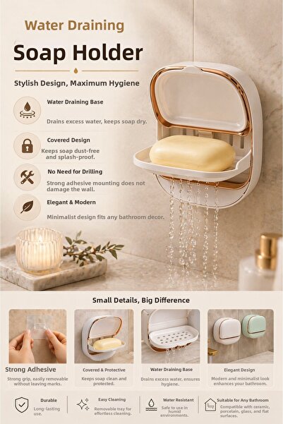 DİVAYS Soap Dish with Water Drain and Lid, Wall Mounted Adhesive Soap Dish Wi...