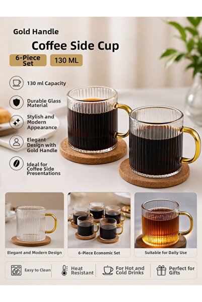 House Bird Coffee Side Cups with Gold Handles, Set of 6, 130 Ml, Stylish Glas...