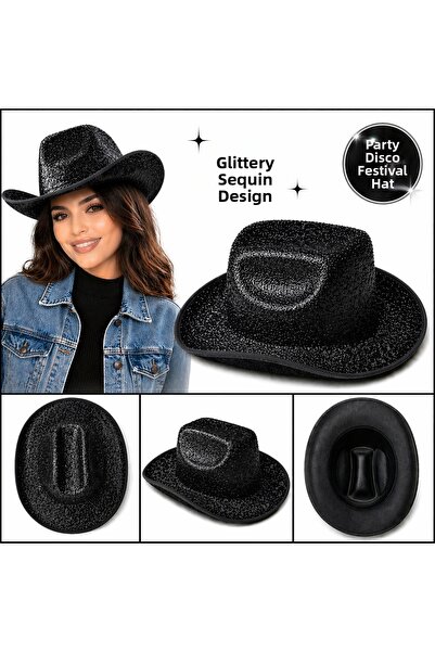 Samur Pălărie de cowboy neagră strălucitoare pentru femei, bărbați, petrecere...
