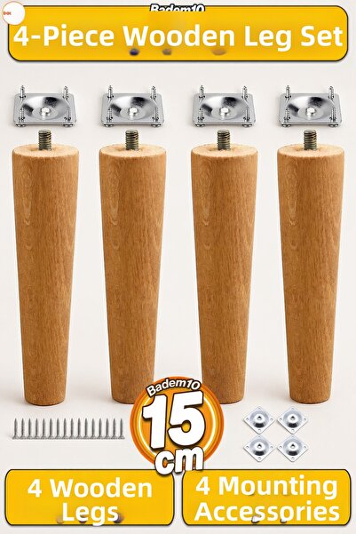 Badem10 Ξύλινο πόδι (15 CM) Σετ 4 τεμαχίων Έπιπλα με συνδετική συσκευή Πόδι κ...