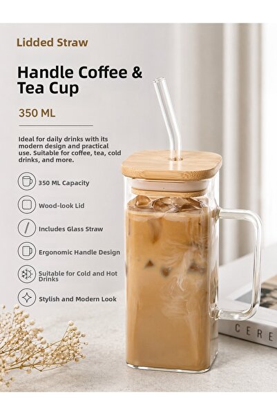 House Bird Glass Cup with Lid, Handle and Straw for Coffee & Tea 350 ml