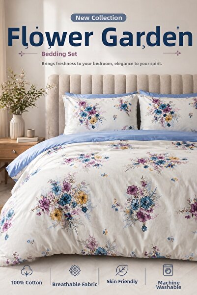 LaLiva Çiçek Bahçem Διπλό Σετ Κλινοσκεπασμάτων με Ελαστικό Σεντόνι-Βαμβακερό ...
