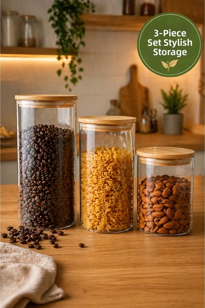 MEDUSHOP Bamboo Lid Borosilicate Glass Storage Jar Set of 3 Candle Holder Foo...