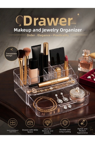 GENCHOME HOMEWARE منظم للمكياج والمجوهرات مع أدراج، منظم شفاف لمستحضرات التجم...