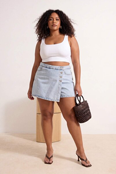 Trendyol Curve Μπλε κουμπιά με λεπτομέρειες, διπλό στήθος, ελαστική ψηλόμεση ...