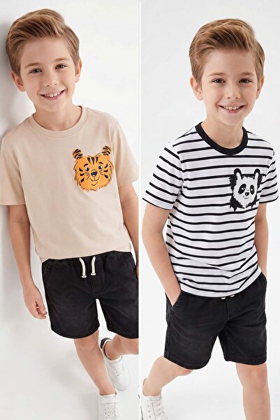 TRENDYOLKIDS Stone-Ecru 2er-Pack bedruckte Strick-T-Shirts für Jungen TKDSS26...