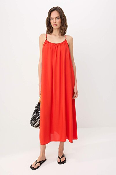 Συλλογή Trendyol Κόκκινο Πιο Βιώσιμο Φόρεμα Μίντι με Άνετη Γραμμή και Ύφανση ...