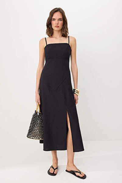 Συλλογή Trendyol Μαύρο λινό φόρεμα μείγμα λινών υφασμάτων σε γραμμή Α, μάξι T...