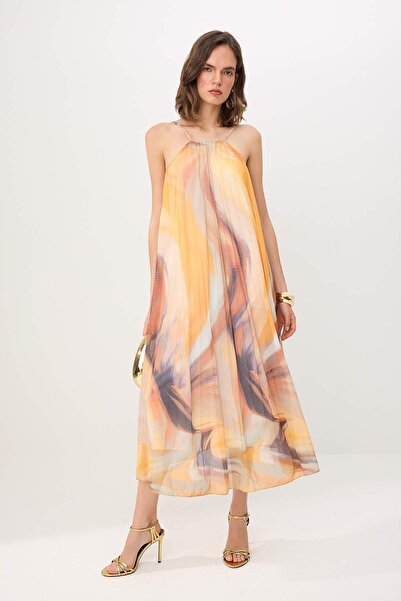 Συλλογή Trendyol Πολύχρωμο φόρεμα μάξι από τούλι με αφηρημένα σχέδια και επέν...