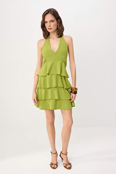 Συλλογή Trendyol Πράσινο φόρεμα με λαιμόκοψη V και βολάν, κοντό/μίνι υφαντό φ...