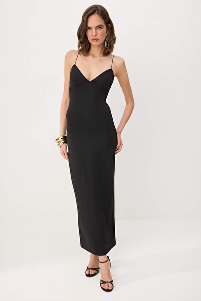 Συλλογή Trendyol Μαύρο υφαντό Scuba Crepe Strap Maxi βραδινό φόρεμα & φόρεμα ...