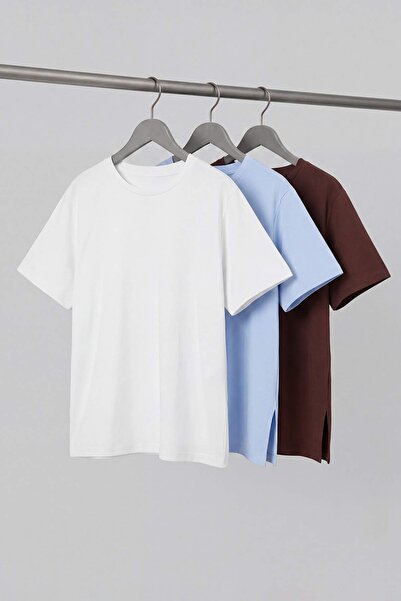 Trendyol Curve Καφέ-Λευκό-Μπλε Πακέτο 3 τεμαχίων Oversize Basic T-shirt σε με...