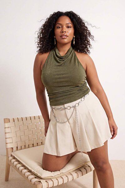 Trendyol Curve Χακί Πλεκτή Μπλούζα με Γκλίτερ και Δέσιμο στο Λαιμό σε Μεγάλο ...