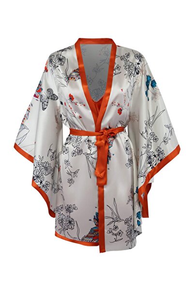 Συλλογή Trendyol Πορτοκαλί Σετ προίκων 2 τεμαχίων Φλοράλ σατέν υφαντό νυχτικό...