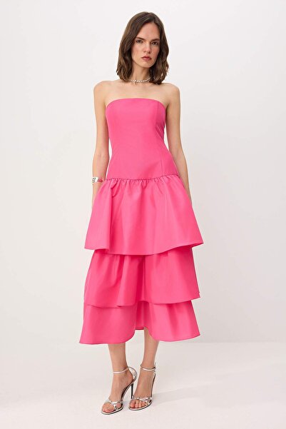 Συλλογή Trendyol Φούξια Ταφτά Φόρεμα Αποφοίτησης με Στρώσεις TPRSS26EL00217