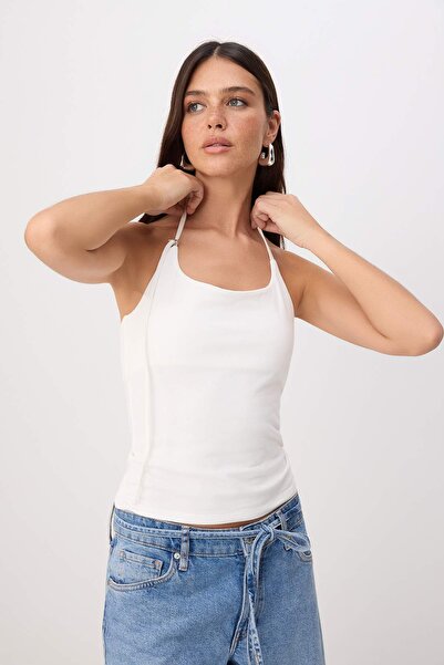 Συλλογή Trendyol Εκρού Αμάνικο Πλεκτό Τοπ με Λαιμόκοψη Halter, Λεπτές Τιράντε...