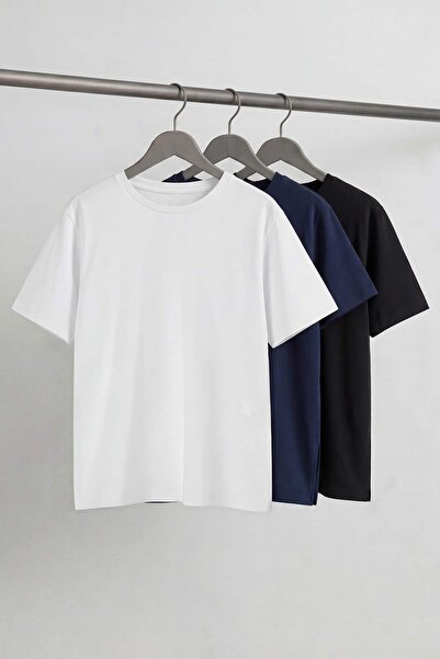 Trendyol Curve Μαύρο-Λευκό-Ναυτικό Μπλε Πακέτο 3 τεμαχίων Oversize Basic T-sh...