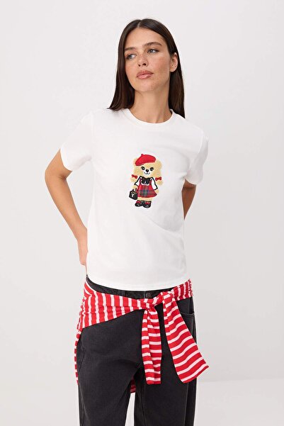 Trendyol Kollektion Ecru bedrucktes, kurzärmliges Strick-T-Shirt mit reguläre...