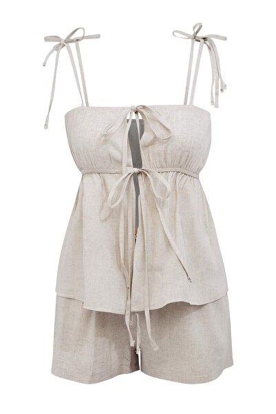 Συλλογή Trendyol Μπεζ υφαντό μίνι σετ σορτς μπλούζας παραλίας TBESS26AU00061