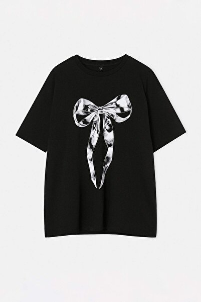 Trendyol Curve Μπλουζάκι με στάμπα μαύρου φιόγκου, oversized εφαρμογή, μεγάλο...