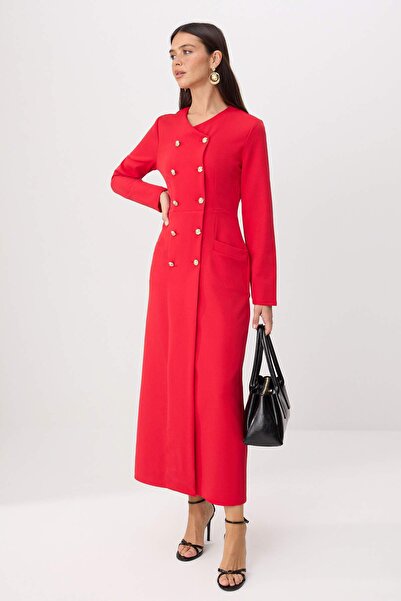 Trendyol Modest Κόκκινο χρυσό φόρεμα με κουμπιά Finike Tesettür TCTSS25EB00027