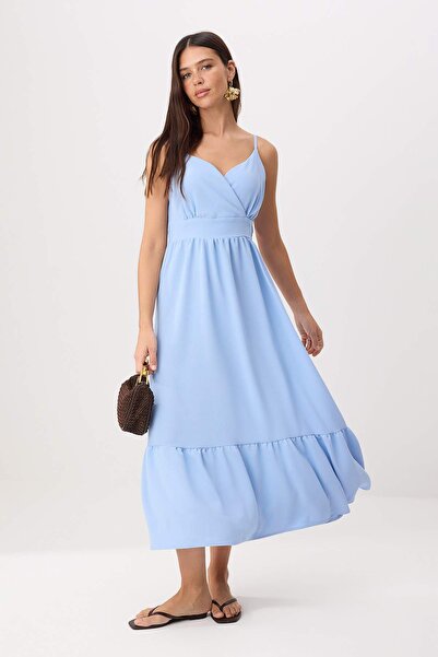 Συλλογή Trendyol Μπλε φόρεμα σκέιτερ με τιράντες/φόρεμα μίντι υφαντό με άνοιγ...