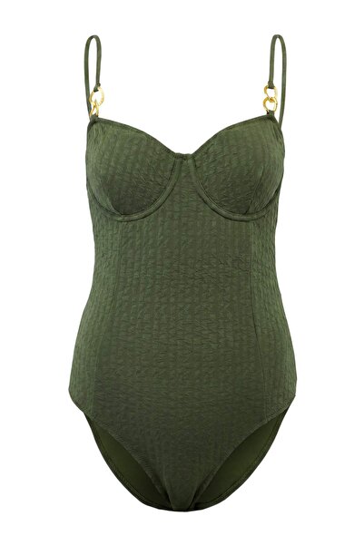 Συλλογή Trendyol Μαγιό κανονικής εφαρμογής με υφή χακί, μπαλκονέτα και λεπτομ...