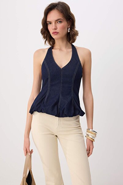 Συλλογή Trendyol Σκούρο Μπλε Μπλούζα Τζιν με Λαιμόκοψη Halter και Σχέδιο Μπαλ...