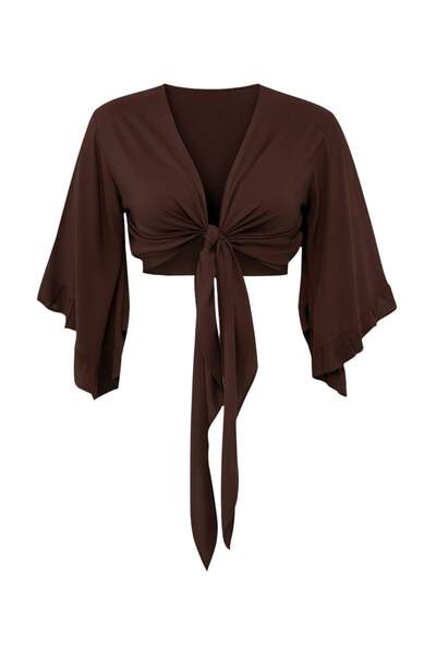 Trendyol Curve Ρούχα παραλίας Καφέ μπλούζα με βολάν και διπλό γιακά TBBSS24AF...