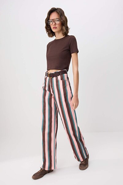 Συλλογή Trendyol Πολύχρωμο ριγέ ψηλόμεσο τζιν με φαρδιά μπατζάκια TWOSS26JE00342